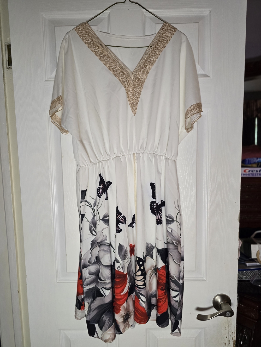 Cream Floral Butterfly V-Neck Dress with Red Accents XL